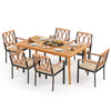 7-piece patio dining set featuring solid acacia wood table and chairs with removable cushions, perfect for outdoor.