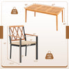 Acacia wood dining set with a powder-coated metal frame, featuring a table and chair dimensions for outdoor use.