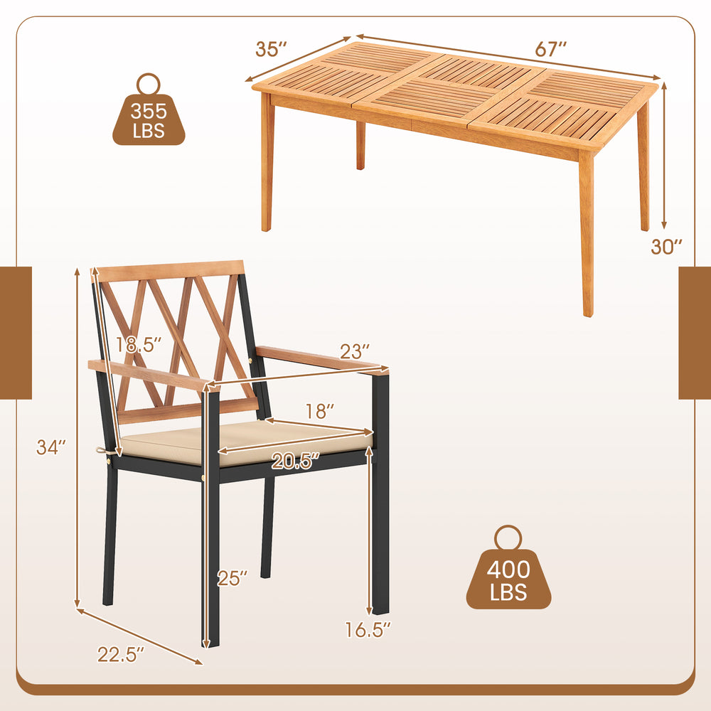 Acacia wood dining set with a powder-coated metal frame, featuring a table and chair dimensions for outdoor use.