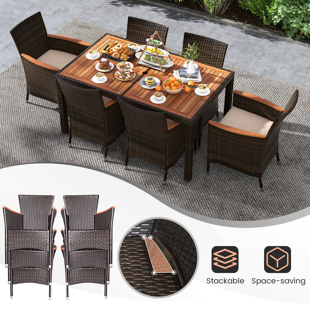 7-piece garden dining patio rattan set with acacia wood table, featuring stackable chairs and cushions for outdoor.