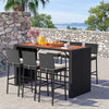 7-piece patio rattan bar set with acacia wood tabletop and seat cushions, perfect for outdoor dining in the garden.