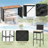 Bar table with acacia wood top and adjustable footpads, part of a 7-piece patio rattan bar set for outdoor spaces.