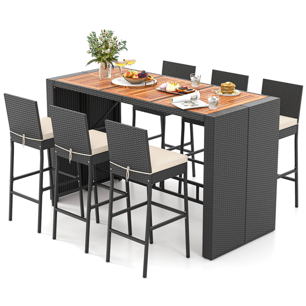 7-piece patio rattan bar set with acacia wood tabletop and soft seat cushions, ideal for outdoor gatherings.