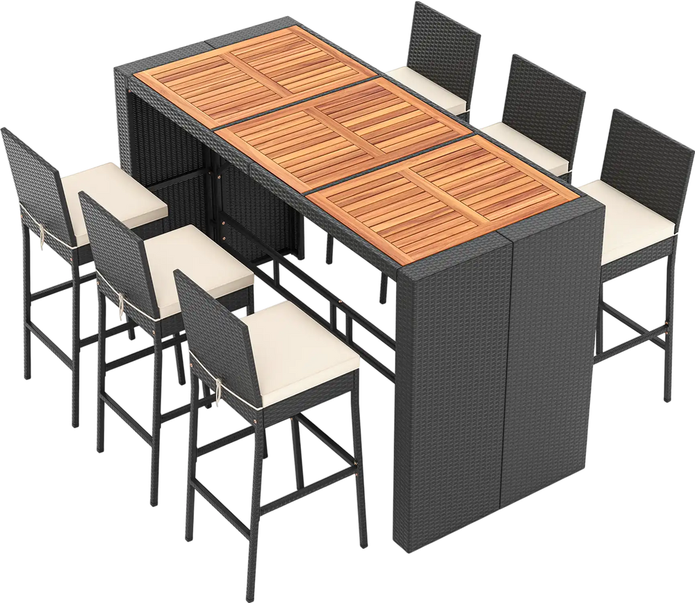 7 Pieces Patio Rattan Bar Set with Seat Cushions for Porch Yard Garden