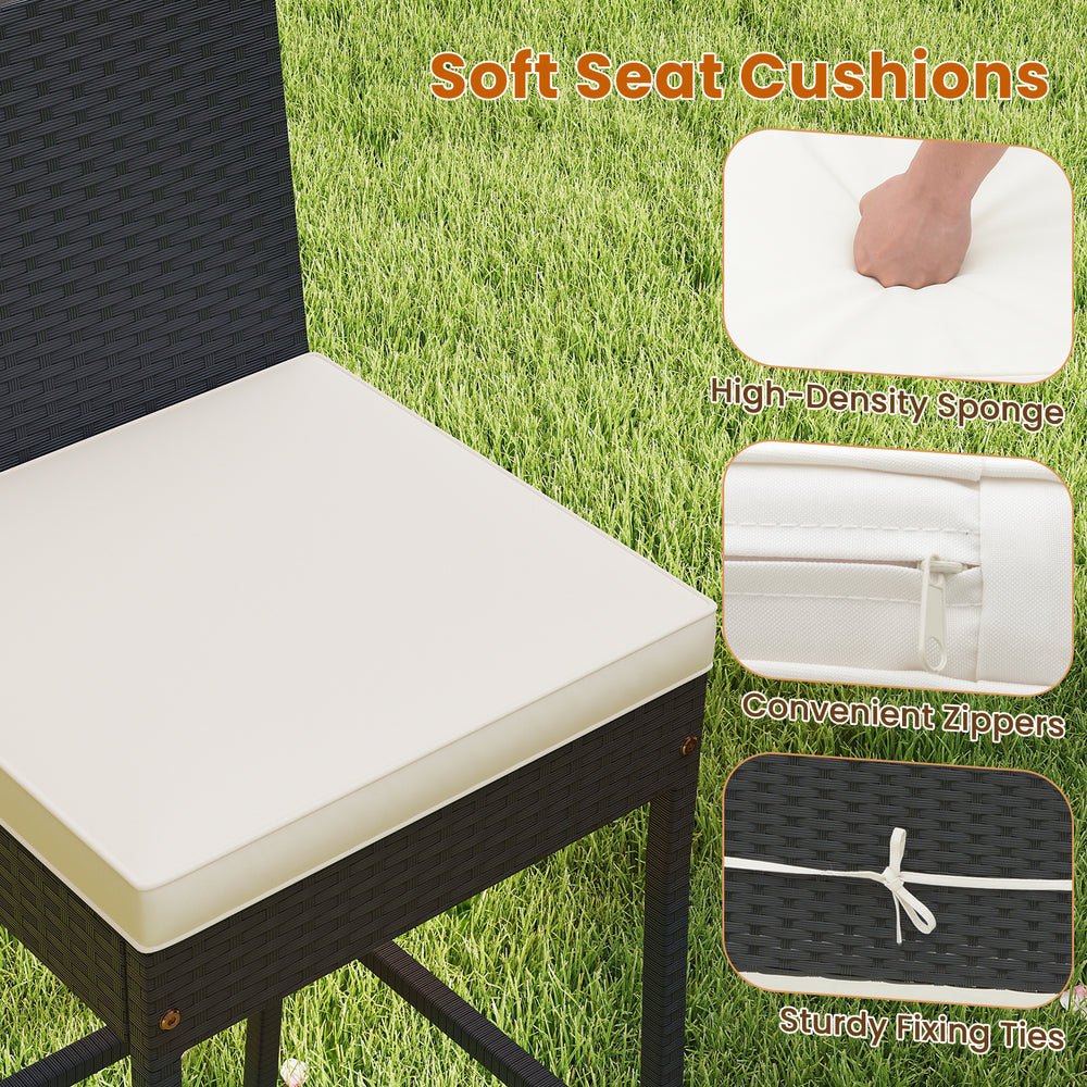 Soft seat cushion with convenient zippers for the 7-piece patio rattan bar set, perfect for outdoor comfort and style.