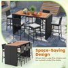 7-piece patio rattan bar set with acacia wood tabletop and soft cushions, perfect for space-saving outdoor dining.