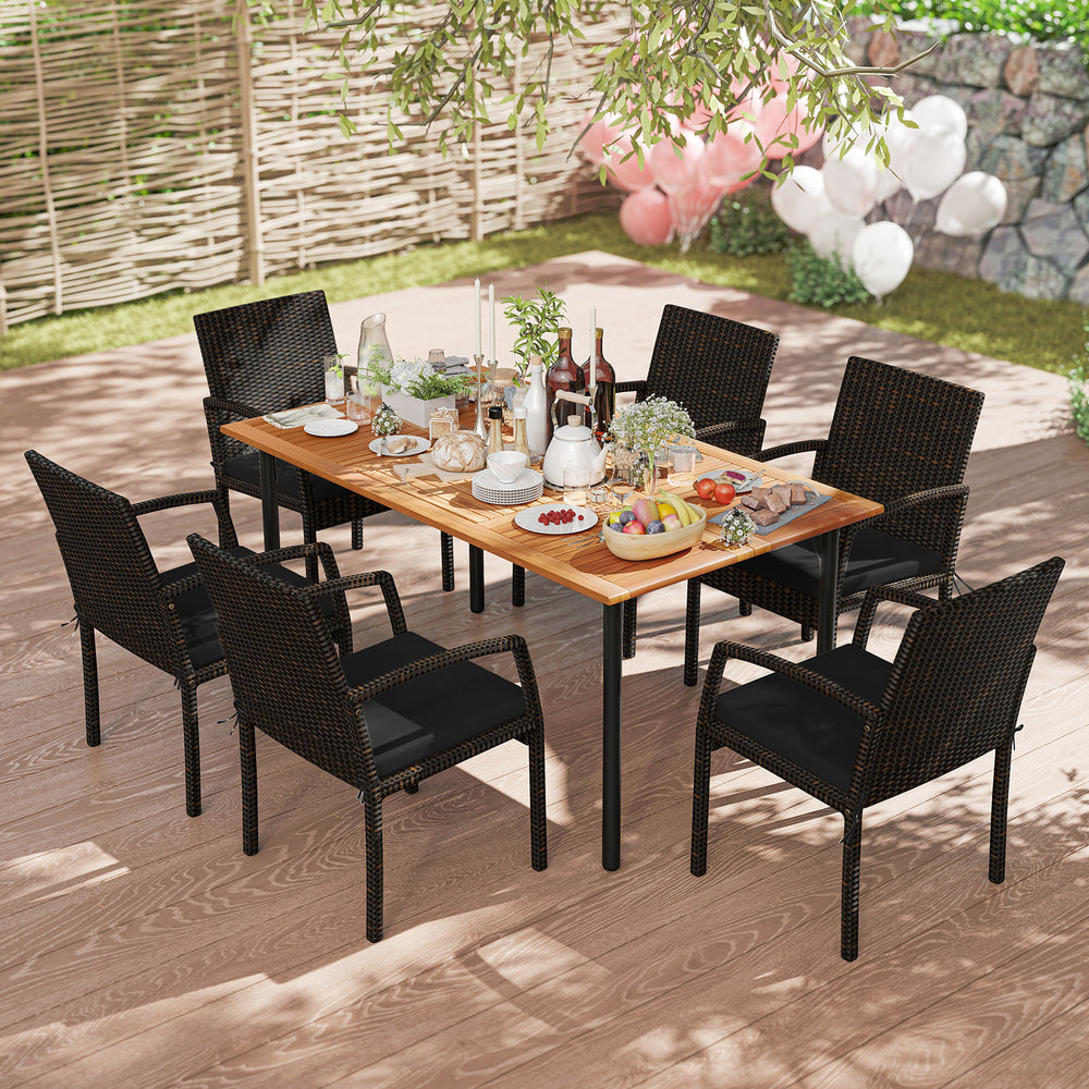 7 Pieces Patio Rattan Cushioned Dining Set with Umbrella Hole-Black - Gallery View 1 of 11