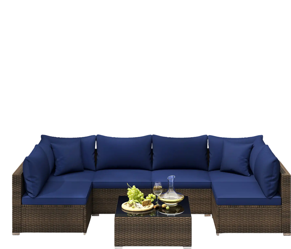 Sectional patio sofa set with navy cushions, made of PE rattan, ideal for outdoor relaxation by the poolside.
