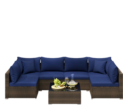 Costway 7-Pc Patio Rattan Sectional Sofa Furniture Set Navy 16593782 New