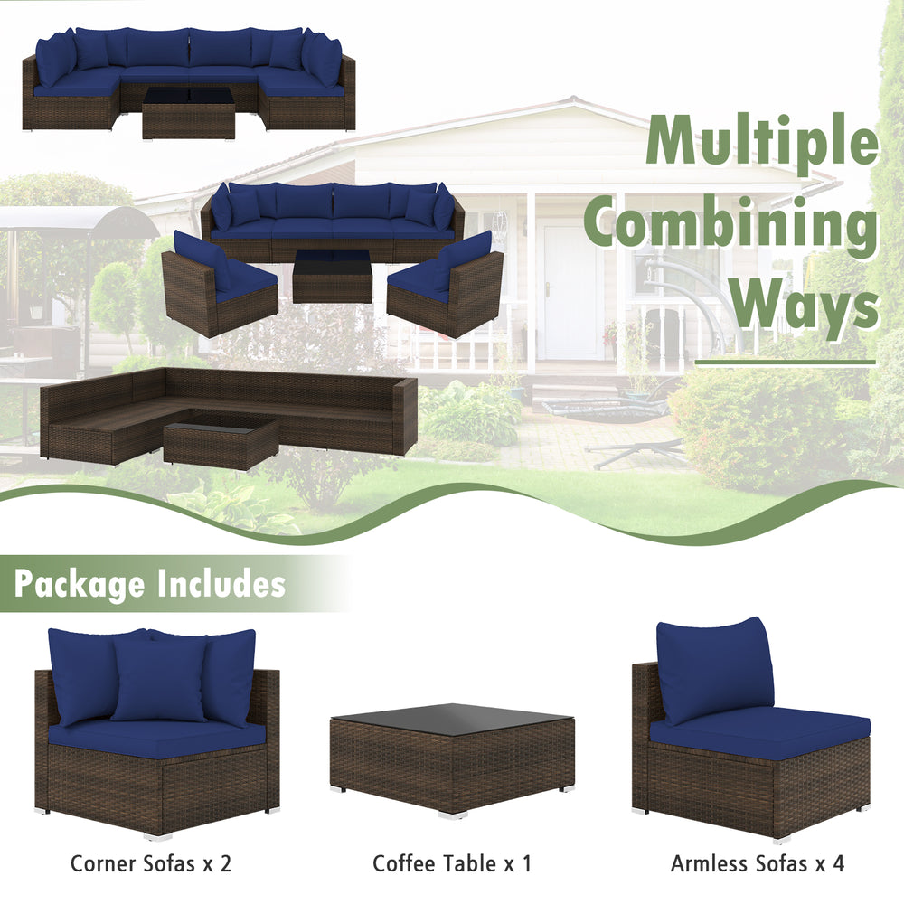 7-piece patio rattan furniture set featuring navy cushions, including corner and armless sofas, perfect for outdoor.
