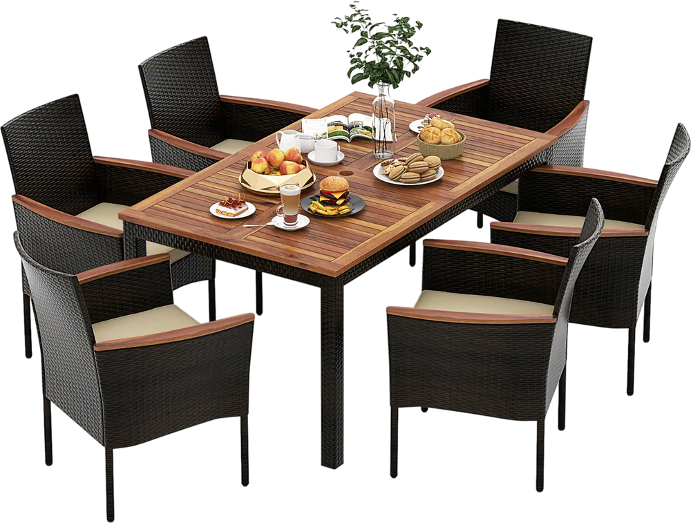 7 Pieces Rattan Patio Dining Set with Stackable Chairs and Umbrella Hole