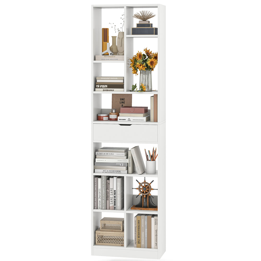 7-tier white bookshelf with drawer, featuring open cubes for storage and anti-tipping safety, ideal for home decor.