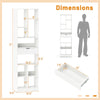 7-tier white bookshelf with drawer, featuring 10 open cubes and dimensions for versatile storage and stability.