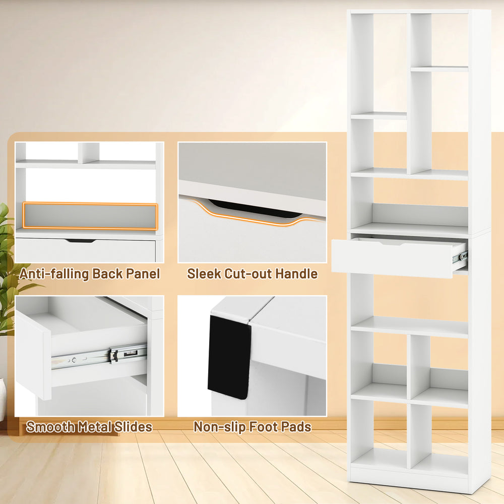7-tier white bookshelf with drawer, featuring anti-falling back panel, smooth metal slides, and non-slip foot pads.