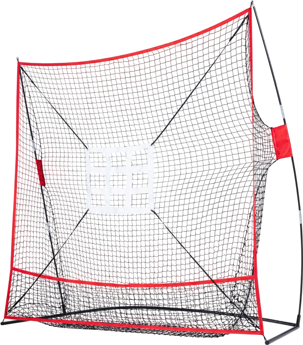 Baseball practice net measuring 7 x 7.4 FT with 2 strike zones and a large ball collection system for effective training.