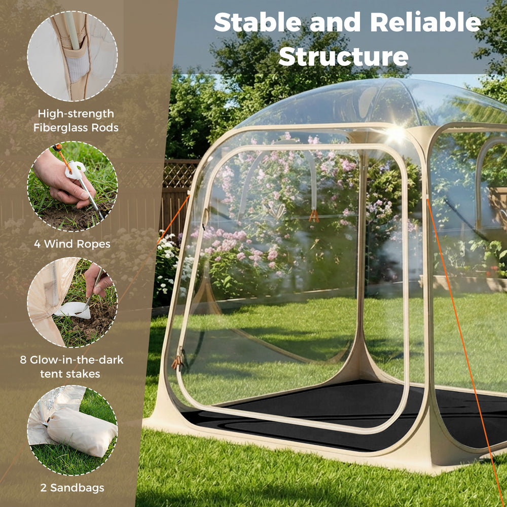 Clear bubble tent with strong fiberglass rods, sealed floor, and 4 wind ropes for stability, ideal for outdoor events.