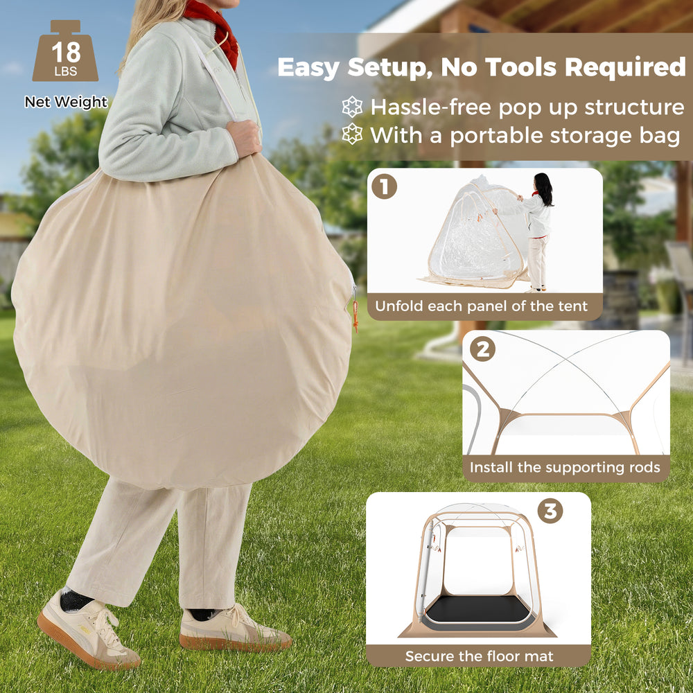 Pop-up 7 x 7 FT clear bubble tent with sealed floor, showcasing easy setup and portable storage bag for outdoor use.