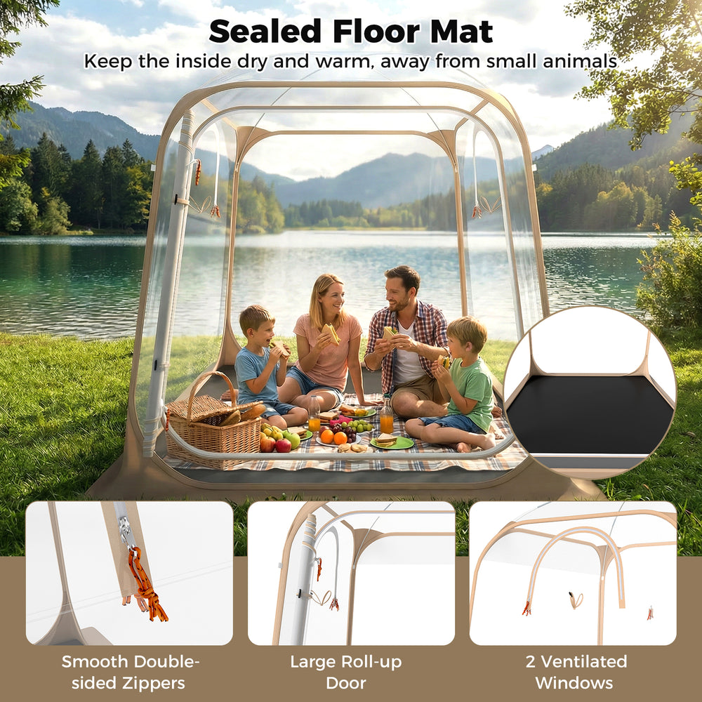 Clear bubble tent with sealed floor, large roll-up door, and ventilated windows, perfect for camping and backyard.