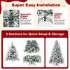 7-foot artificial Xmas tree with white flocking, pine cones, and 320 LED lights for easy setup and festive decoration.