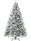 7-foot artificial Christmas tree with white flocking, pine cones, and 320 LED lights for festive home decoration.