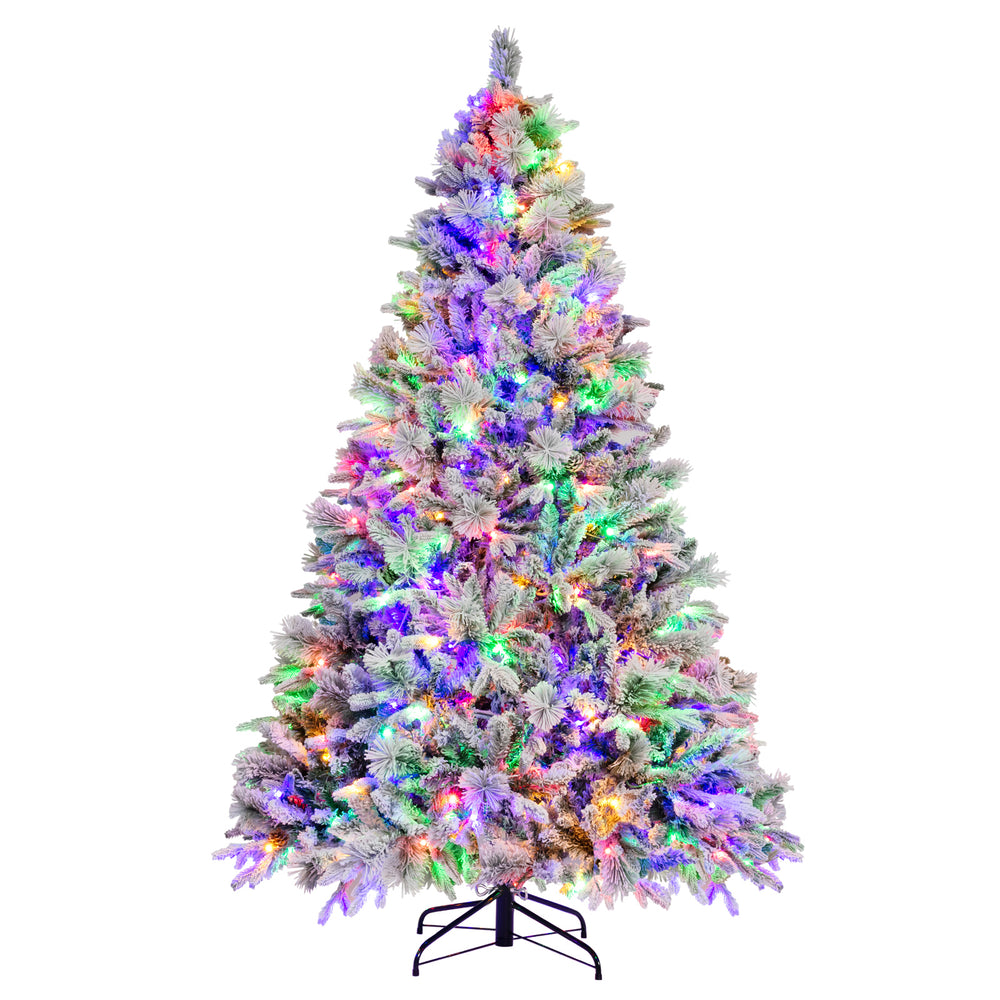 7-foot artificial Christmas tree with white flocking, 320 LED lights, and vibrant pine cones for festive decoration.