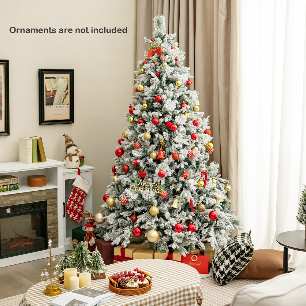 7 ft artificial Xmas tree with white flocking, 320 LED lights, and pine cones, perfect for festive home decor.