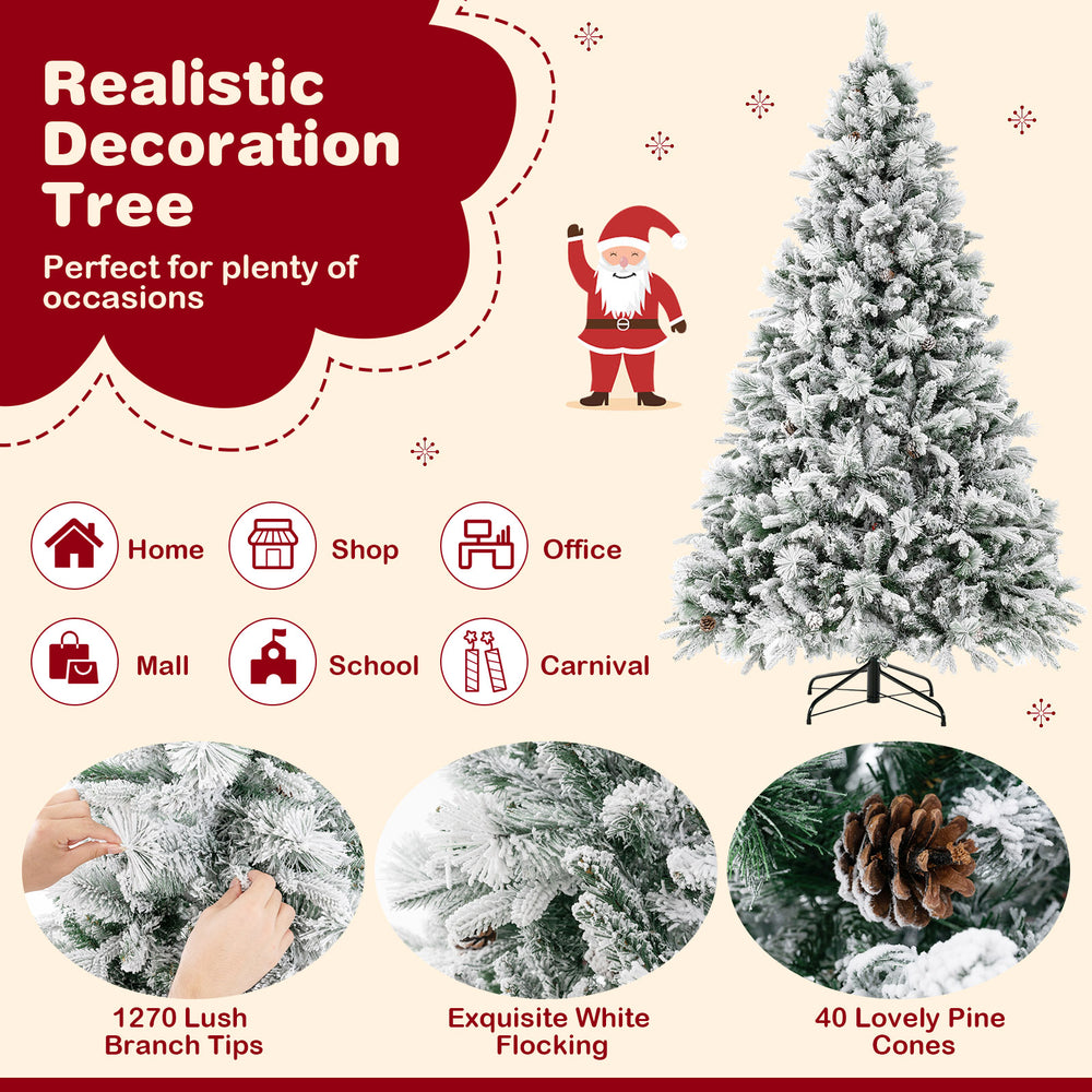 7-foot artificial Christmas tree with 1270 lush branch tips, white flocking, and 320 LED lights for festive decoration.