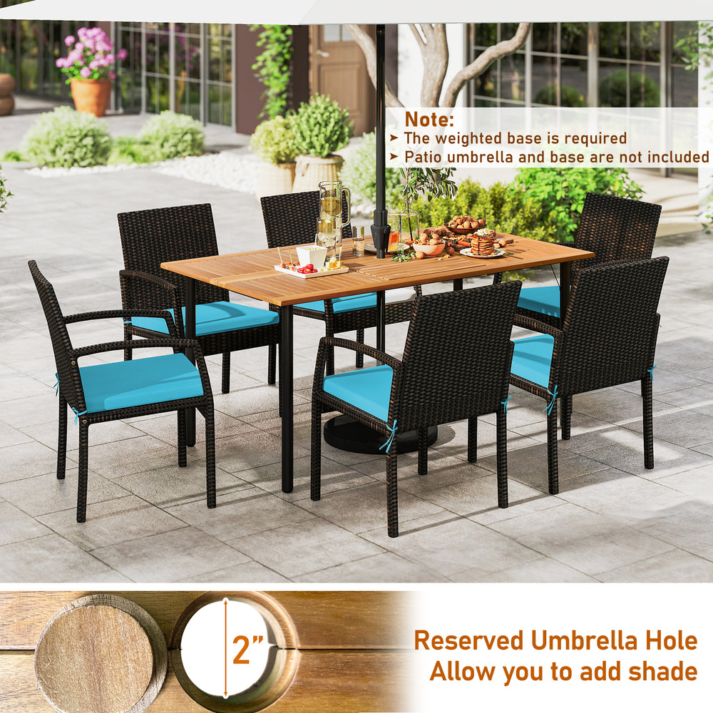 7-piece outdoor dining set featuring an acacia wood table with a reserved umbrella hole and turquoise cushions for.