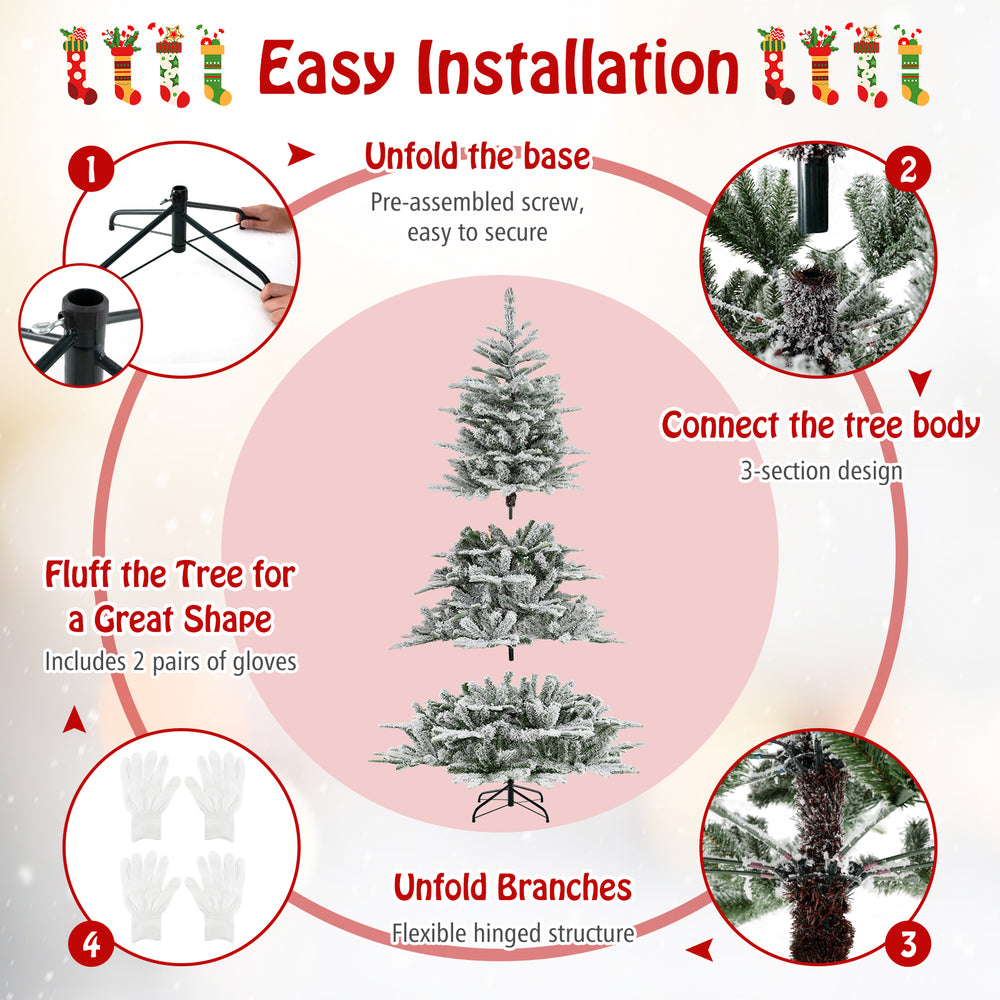 6 feet snow flocked artificial Christmas tree with cool white LED lights, featuring easy installation and flexible.