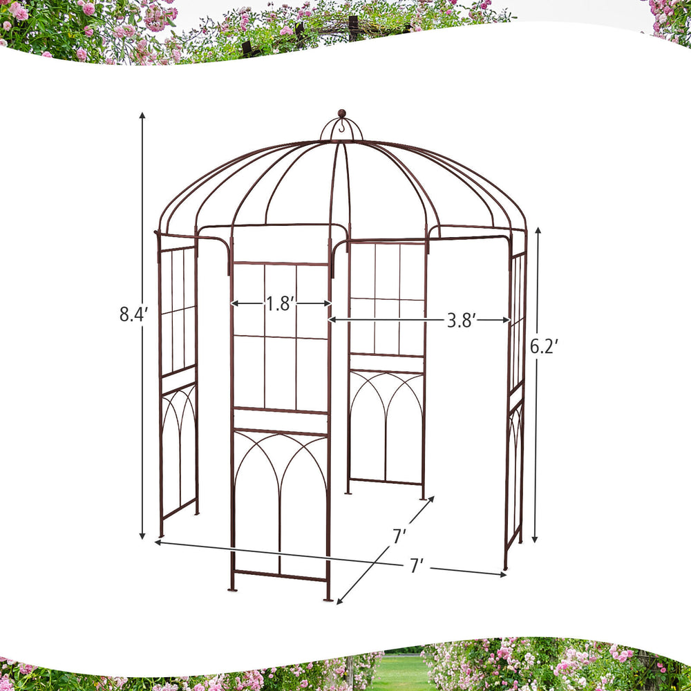 Birdcage shape garden arbor, 8.4 x 7 feet, vintage bronze metal frame, ideal for climbing plants and outdoor decor.