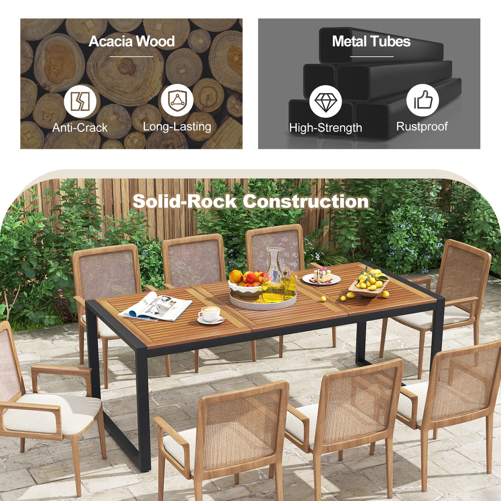 79-inch acacia wood patio table with metal tubes, featuring a 1.9" umbrella hole, ideal for outdoor gatherings.
