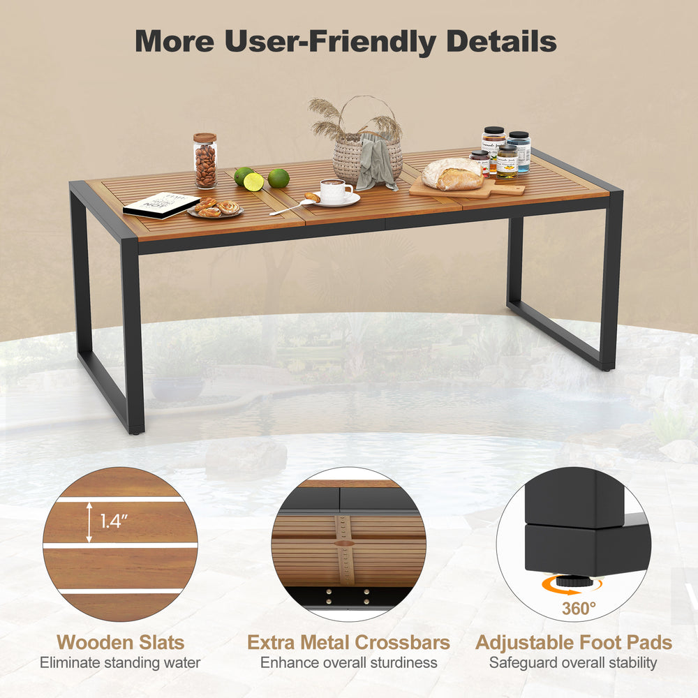 79-inch acacia wood patio table with 1.9-inch umbrella hole, featuring sturdy metal crossbars and adjustable foot pads.