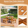 Round picnic table set with slatted fir wood, featuring an umbrella hole and 4 built-in benches for outdoor dining.