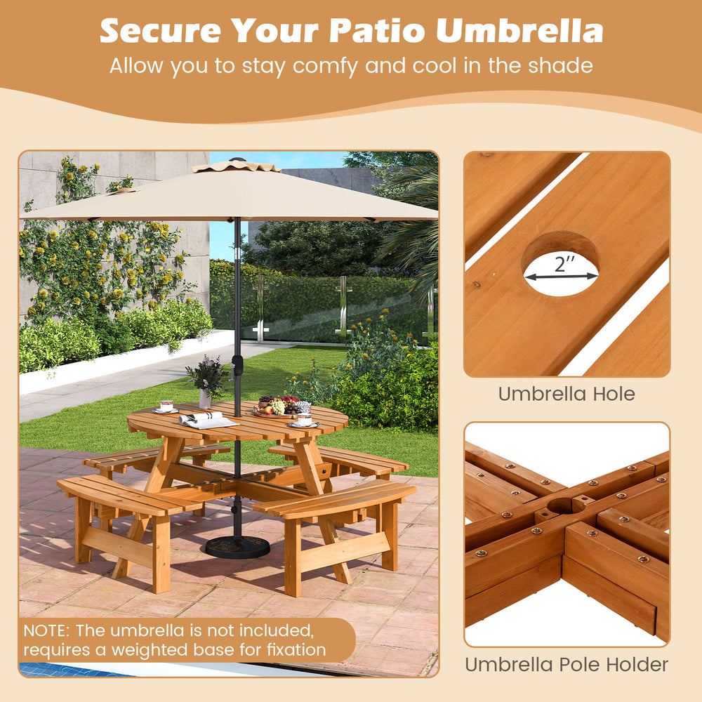 Round picnic table set with slatted fir wood, featuring an umbrella hole and 4 built-in benches for outdoor dining.