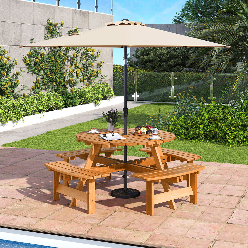 Round picnic table set made of natural fir wood with 4 benches, ideal for outdoor dining and gatherings.