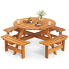 Round picnic table set with 4 benches, made of natural fir wood, ideal for outdoor dining with family and friends.
