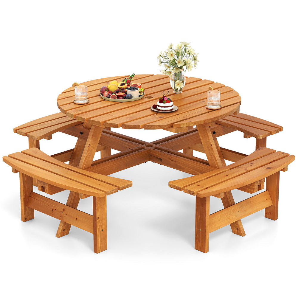 Round picnic table set with 4 benches, made of natural fir wood, ideal for outdoor dining with family and friends.