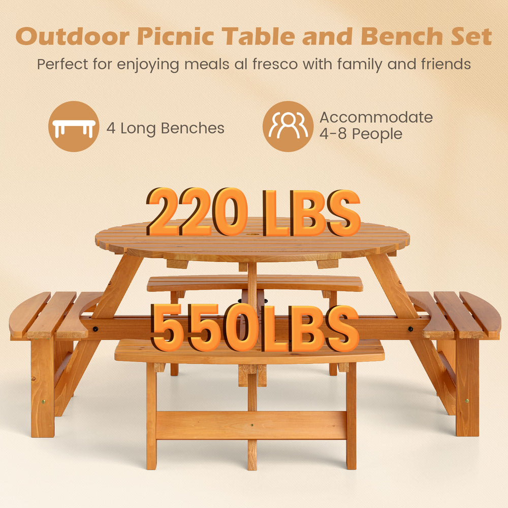 Round picnic table set with 4 benches, crafted from fir wood, accommodates 4-8 people for outdoor dining.