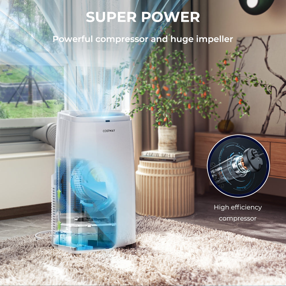 12000 BTU portable air conditioner with remote, featuring a powerful compressor and high airflow for efficient cooling.