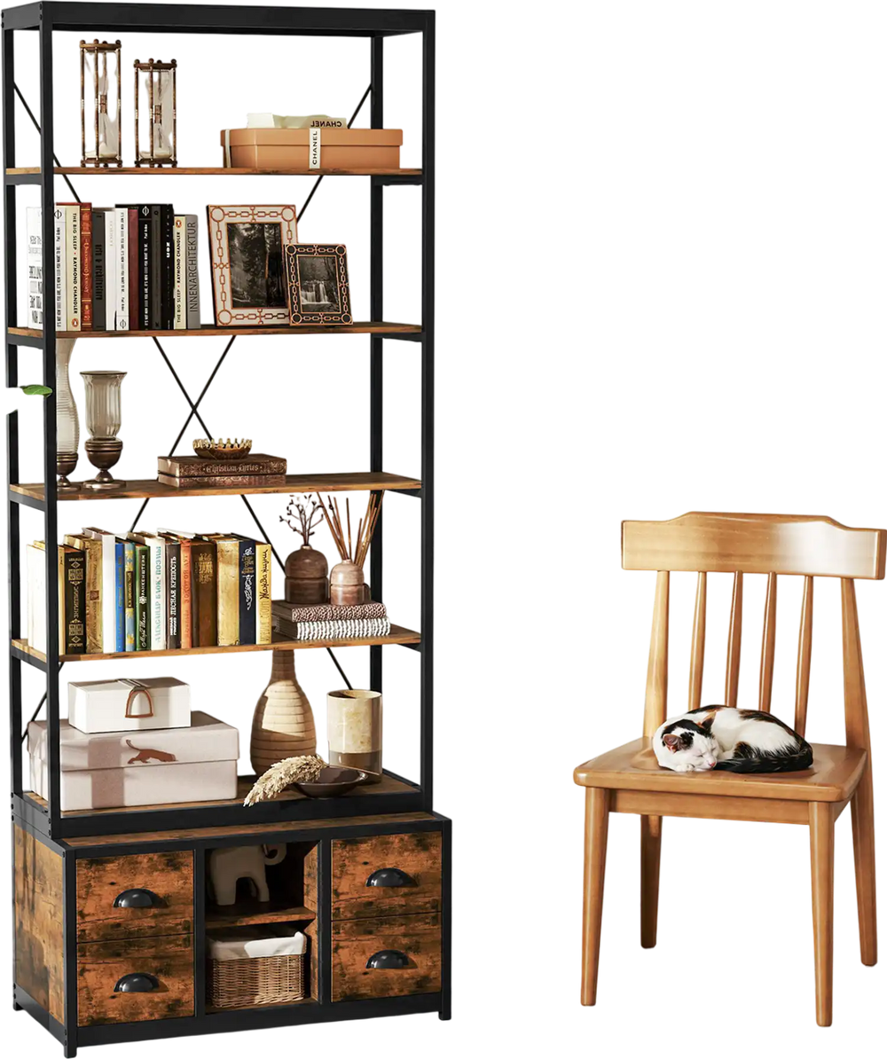 8-tier bookshelf with 4 fabric drawers, heavy-duty metal frame, and adjustable shelves for versatile storage.