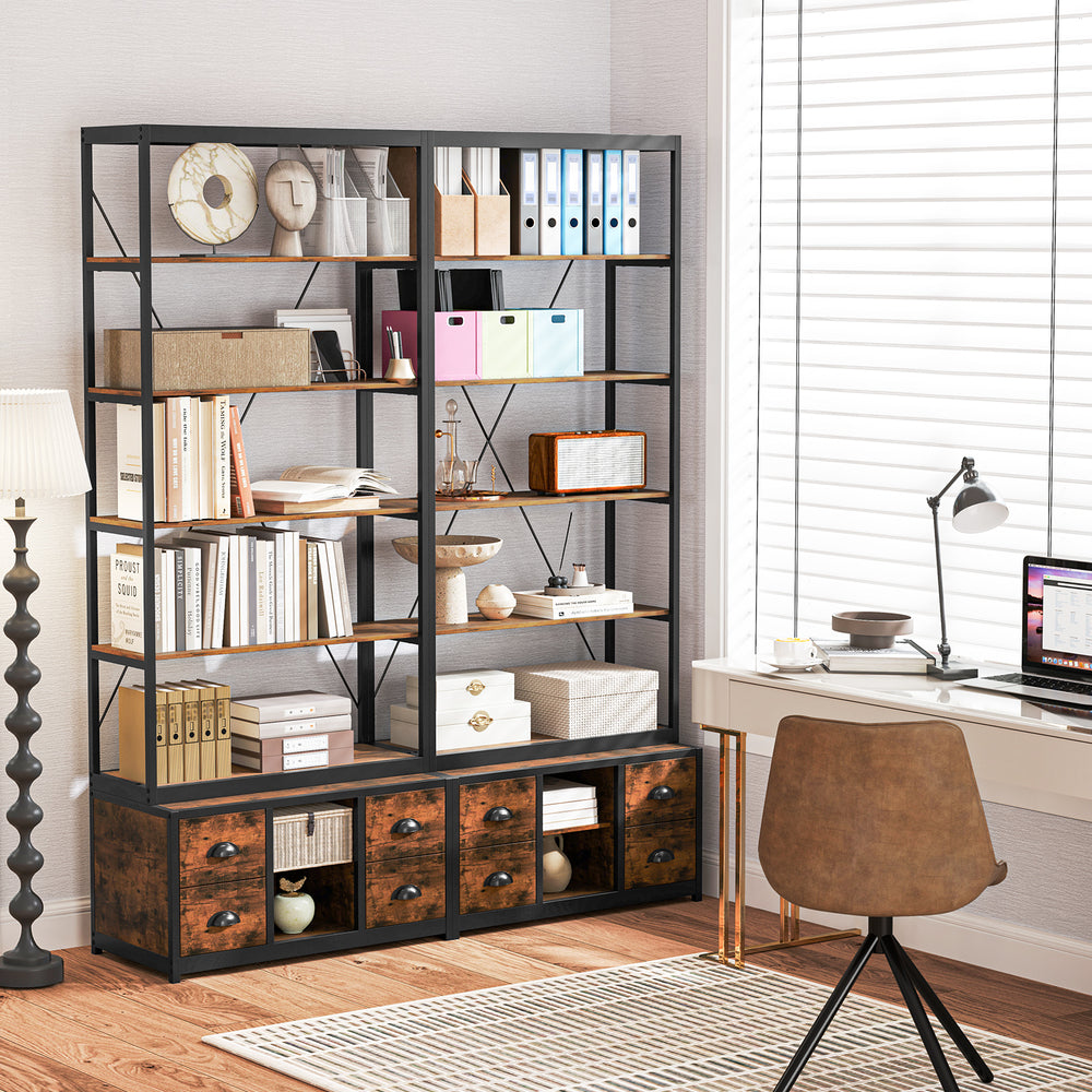 8-tier bookshelf with 4 fabric drawers, heavy-duty metal frame, and adjustable shelves for versatile storage in a.