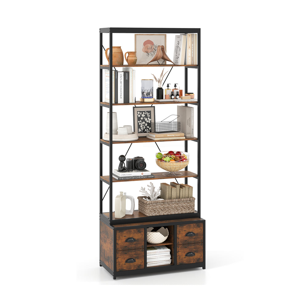 8-tier bookshelf with 4 fabric drawers, heavy-duty metal frame, and adjustable shelves for versatile storage solutions.