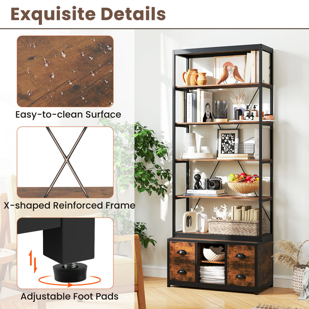 8-tier bookshelf with 4 fabric drawers, heavy-duty metal frame, adjustable shelves, and easy-to-clean surface for.