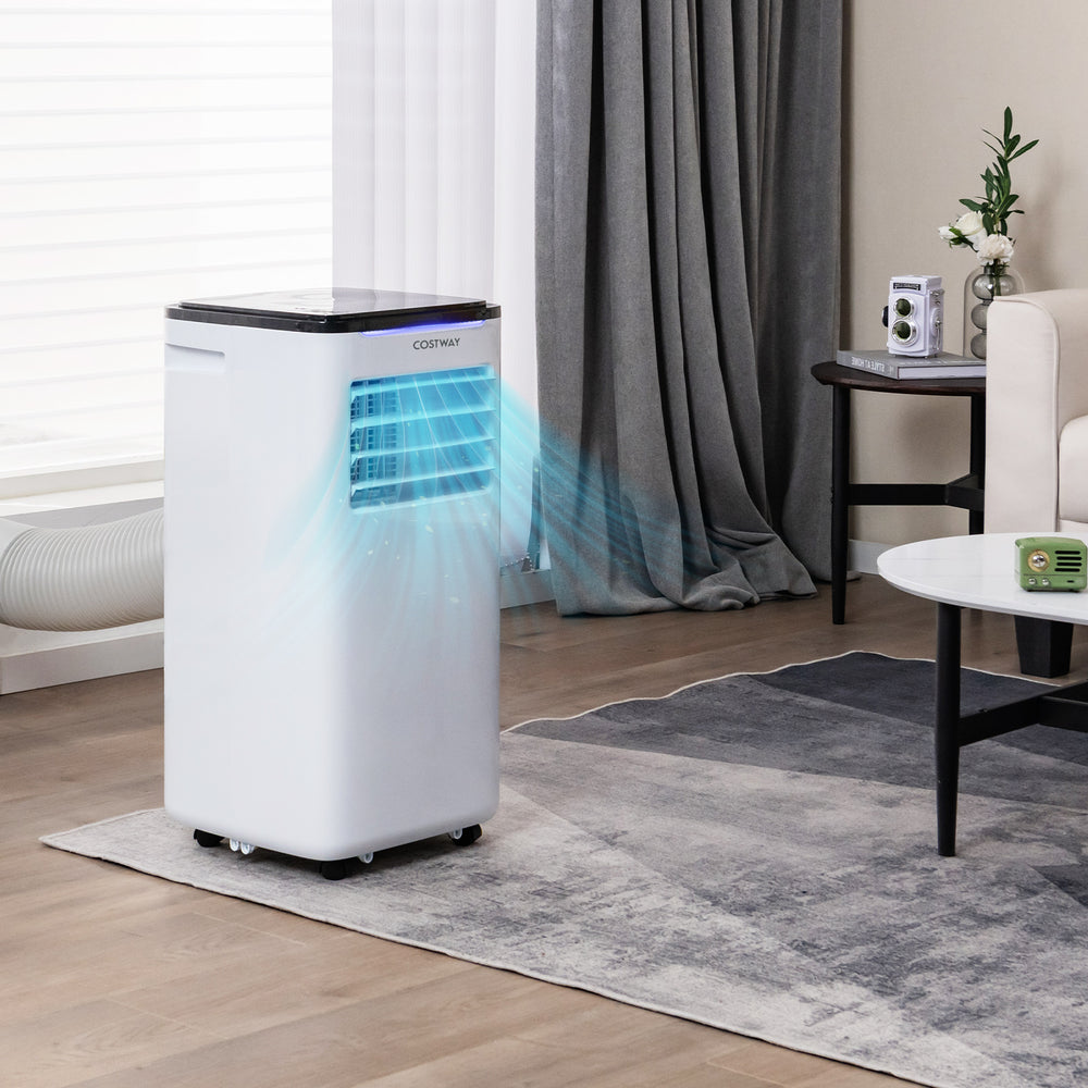 Portable air conditioner with remote control, 8000 BTU cooling, and multifunctional design for efficient indoor comfort.