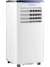 8000 BTU portable air conditioner with fan and dehumidifier mode, featuring remote control and easy mobility on wheels.