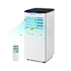 8000 BTU portable air conditioner with remote control, fan, and dehumidifier mode, featuring adjustable louvers for air.