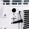 Close-up of the drainage and control panel on the 8000 BTU portable air conditioner for easy installation and use.