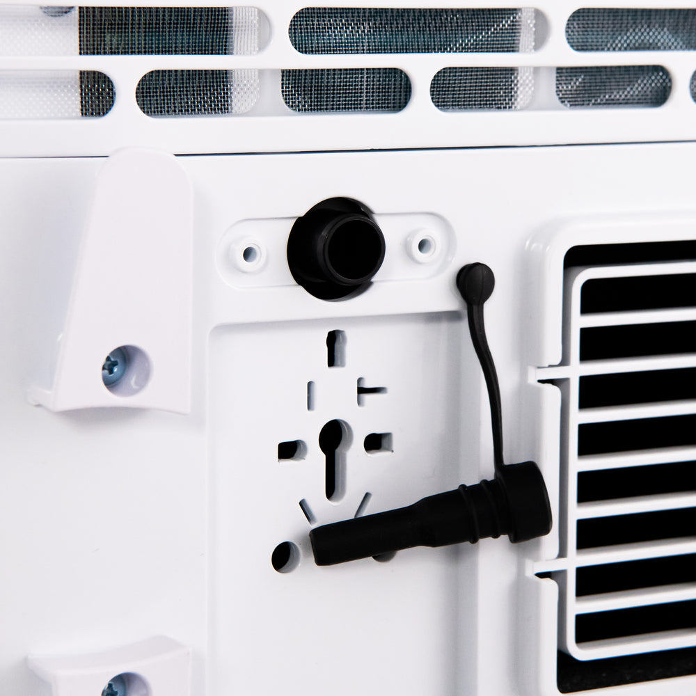 Close-up of the drainage and control panel on the 8000 BTU portable air conditioner for easy installation and use.