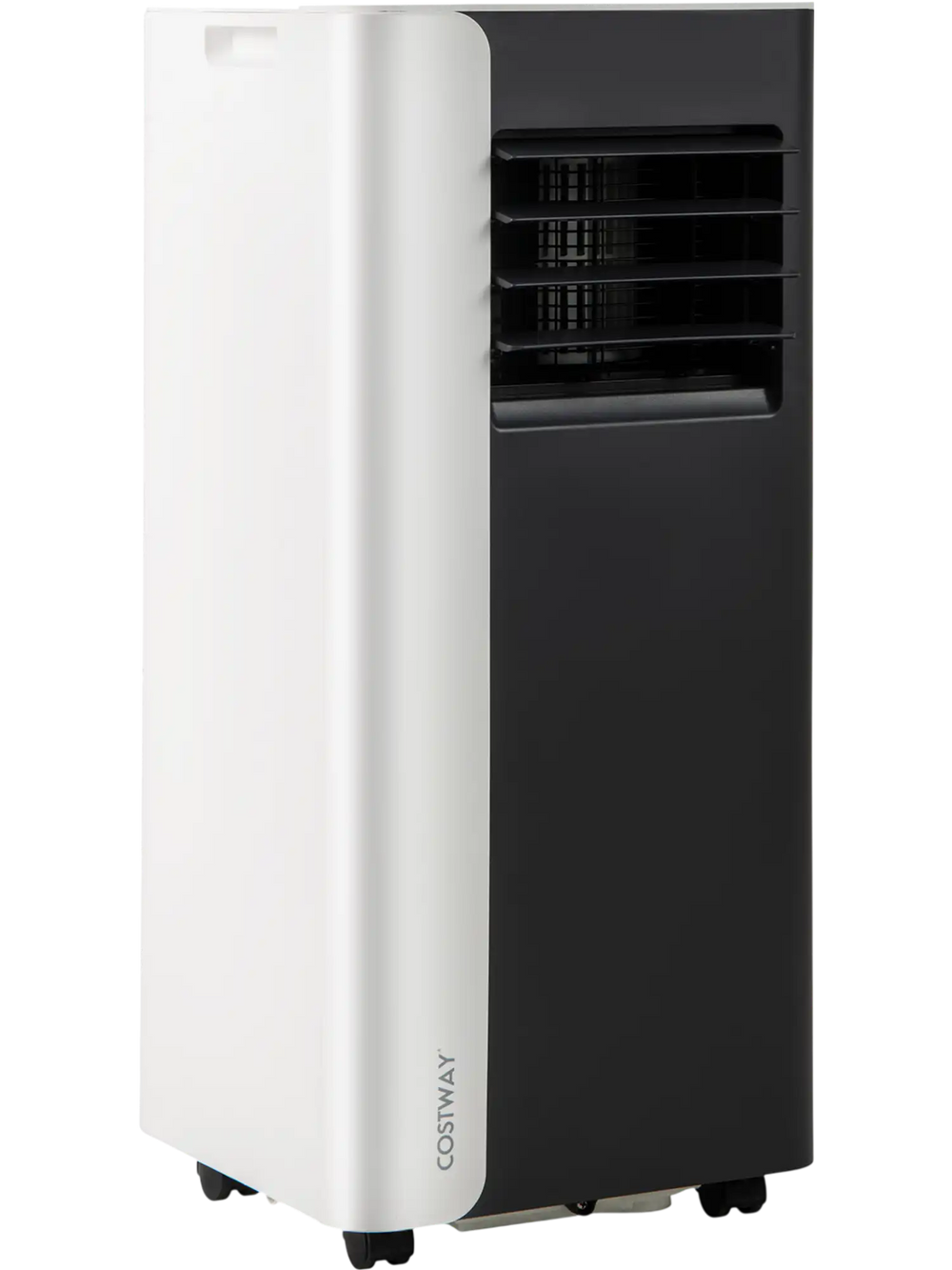8000 BTU portable air conditioner in black and white, featuring remote control, fan, and dehumidifier modes for.