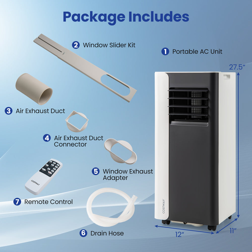 Portable 8000 BTU air conditioner with remote control, window slider kit, and exhaust duct for versatile cooling.